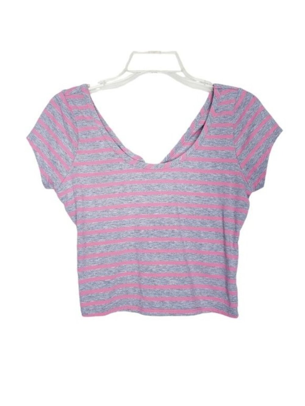 Ultra Flirt Gray & Pink Striped Crop Top Short Sleeve Twist Back Size Medium
